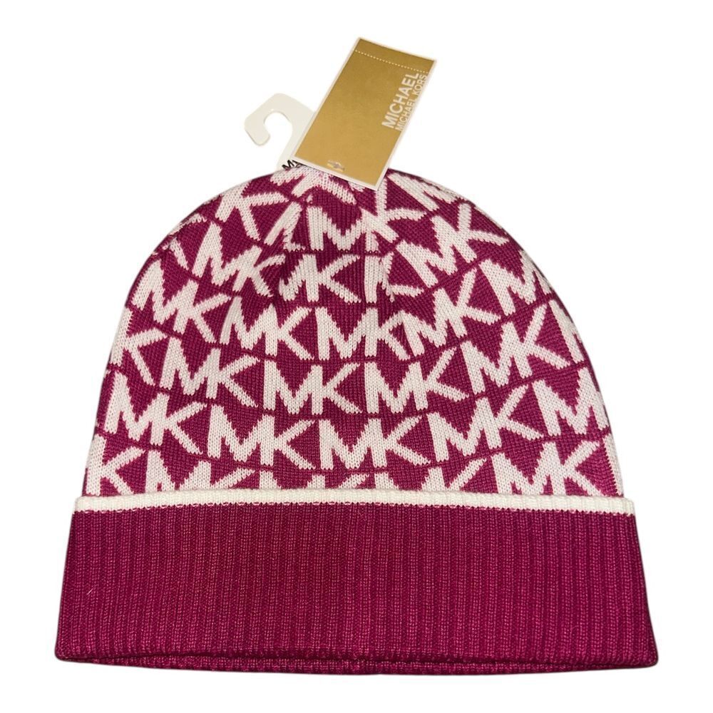 Michael Kors Womens Fuschia/White Logo Cuff Beanie